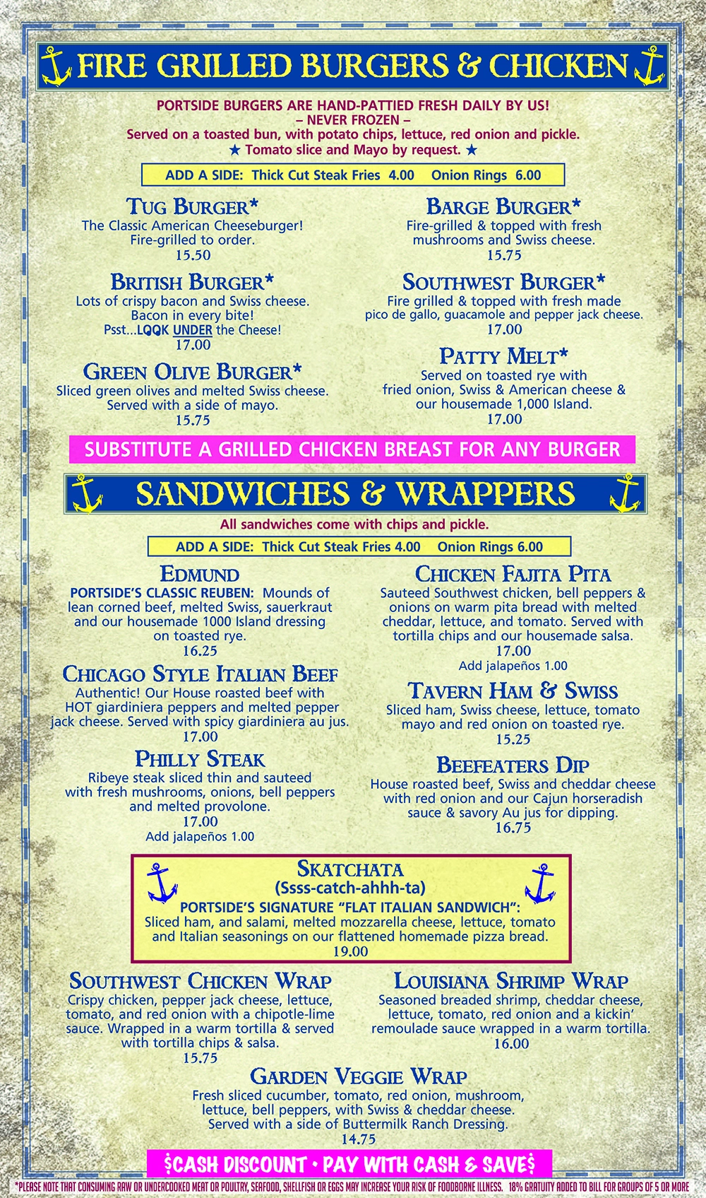 Burgers, Sandwiches and Wraps menu