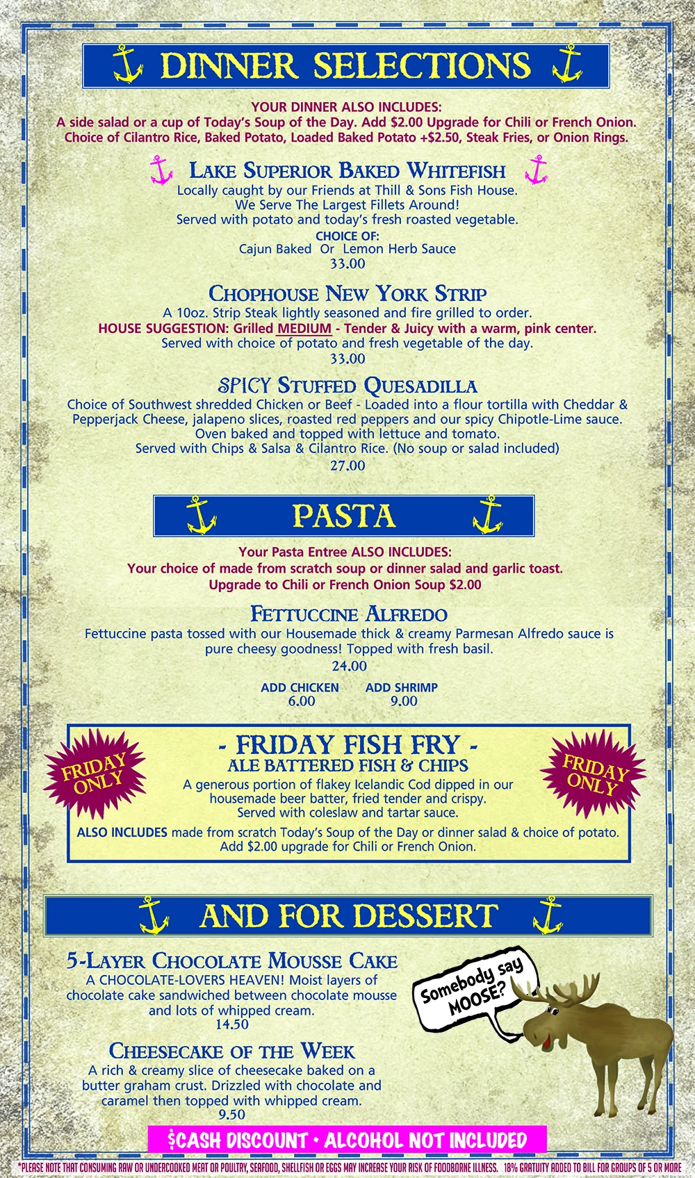 Dinner and Pasta menu